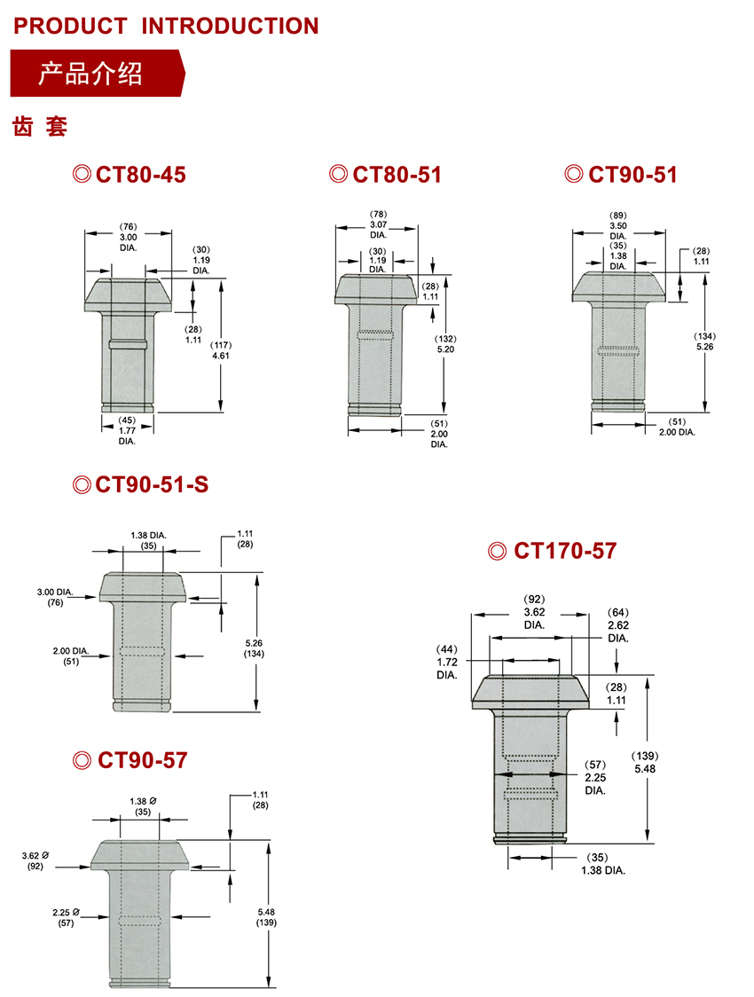 CT80-45截齒套、CT80-51截齒套、CT90-51截齒套、CT90-51-S截齒套、CT90-57截齒套、CT170-57截齒套
